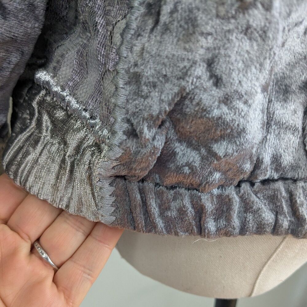 Y2K Patchwork Velvet Jacket XS Gray Silver Lace 90s Eclectic Artsy Whimsigoth - Picture 11 of 16